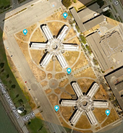 In this example, the subjects of interest are the 2 star shaped buildings so we place our GCP as best we can around the corners and in center of our subjects.